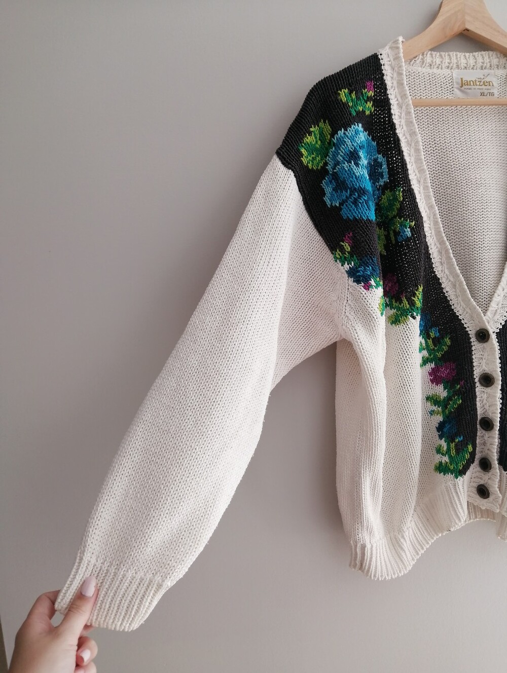 Vintage 90s Jantzen Rose Floral Knit Button Cardigan Cream Colourblock XL - Picture 4 of 17